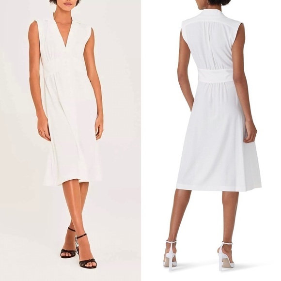 BA&SH Ivory Crepe Sleeveless Shirt Collar Gathered Button Front Midi Dress XS - Picture 2 of 14
